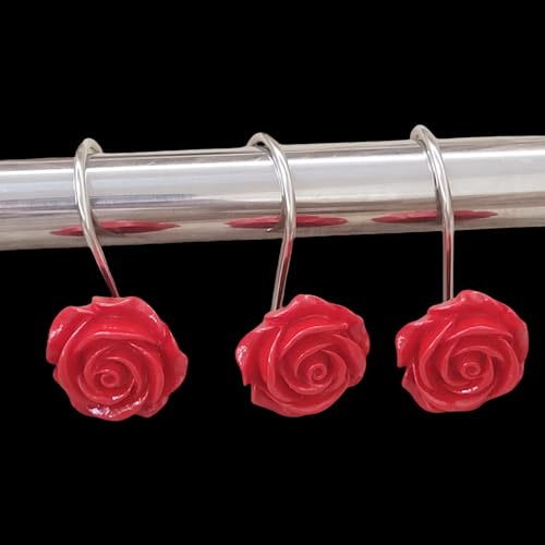 Twofish Home Red Rose Flower Shower Curtain Hooks Anti Rust Shower Curtain Hooks Decorative Resin Red Rose Flower Shower Curtain Rings Set of 12 - color: Red Rose
