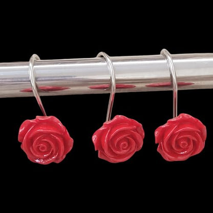 Twofish Home Red Rose Flower Shower Curtain Hooks Anti Rust Shower Curtain Hooks Decorative Resin Red Rose Flower Shower Curtain Rings Set of 12 - color: Red Rose