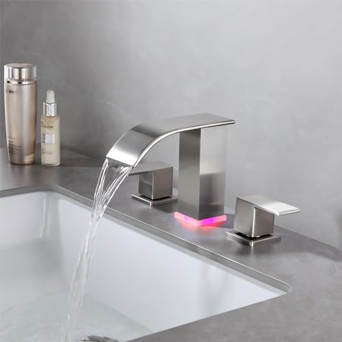 Brushed Nickel Bathroom Sink Faucet 3 Hole, Widespread Vanity faucets with LED Waterfall Modern 3 Hole Faucet for Bathroom Sink pop-up Drain Touch on 2 Handle (Brushed Nickel) - color: Brushed Nickel
