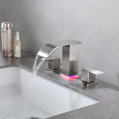 Brushed Nickel Bathroom Sink Faucet 3 Hole, Widespread Vanity faucets with LED Waterfall Modern 3 Hole Faucet for Bathroom Sink pop-up Drain Touch on 2 Handle (Brushed Nickel) - color: Brushed Nickel