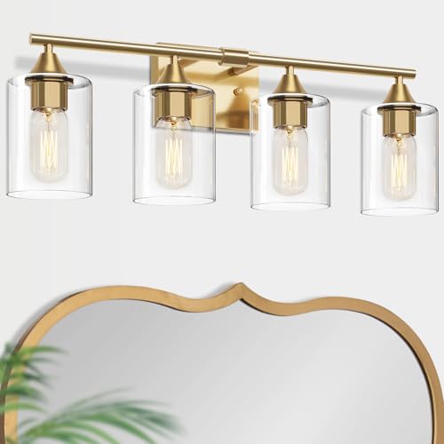 Brushed Gold Vanity Light,4 Light Gold Bathroom Light Fixtures,Bathroom Lights Over Mirror with Clear Glass Shade,Modern Wall Lighting for Mirror Bedroom Vanity Hallway - color: Gold, size: 4-Light