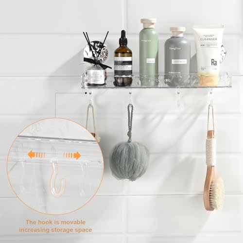 Shower Caddy Suction Cup, Wall Mounted Suction Shower Rack Organizer, No Drilling Clear Shelf Basket with 4 Movable Hooks, Bathroom Storage Rack Suitable for Smooth Walls - style: Long size, 1 piece