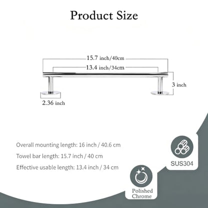 Self Adhesive Towel Bar,16" Chrome No Drill Bathroom 304SS Heavy Duty Towel Rack - color: Chrome, size: 15.7 Inch