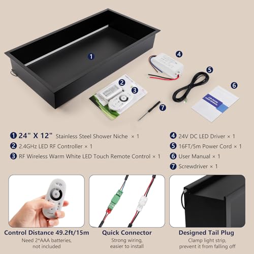 LED Shower Niche 24 X 12 Shower Niche No Tile Needed | 304 Stainless Steel Shower Niche with 3000K Warm Light, IP65 Waterproof Bathroom Niche for Shower, Remote Control, Seamless - color: Matte Black-warm White, size: 24" X 12"