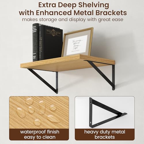 Deep Floating Shelves - 20 Inch Floating Shelves Set of 2-12 Inch Deep Oak Wall Shelves for Living Room Bathroom Kitchen - color: Oak, size: 20W x 12D