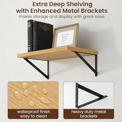 Deep Floating Shelves - 20 Inch Floating Shelves Set of 2-12 Inch Deep Oak Wall Shelves for Living Room Bathroom Kitchen - color: Oak, size: 20W x 12D