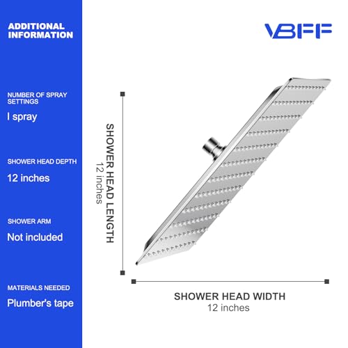 VBFF-Shower Head,rain shower head, 12 inch- Square Shower Head, 1.8 GPM Flow Rate, rainfall showerhead,VBFF09 (Chrome) - color: Chrome, size: 12 Inch