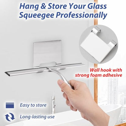 2-Pack Stainless Steel Shower & Window Squeegees with Microfiber Cloths and Wall Hook Holders, 10” & 12” Glass Cleaner for Bathrooms and Windows