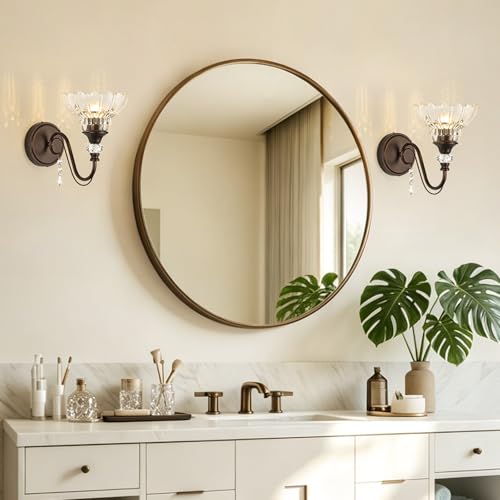 1 Piece Oil Rubbed Bronze Finish Wall Sconce, 1-Light Modern Wall Sconce with Hanging Crystal Accents and Flower-Shaped Clear Shades for Bathroom Bedroom Living Room,Modern Vanity Light - color: Oil-Rubbed Bronze, size: 1-Light