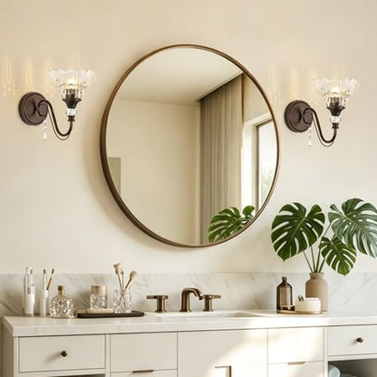 1 Piece Oil Rubbed Bronze Finish Wall Sconce, 1-Light Modern Wall Sconce with Hanging Crystal Accents and Flower-Shaped Clear Shades for Bathroom Bedroom Living Room,Modern Vanity Light - color: Oil-Rubbed Bronze, size: 1-Light
