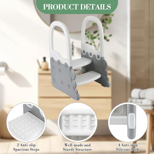IDEALHOUSE Toddler Step Stool with Safety Handrails, Anti-Slip 2-Tier Kids Ladder, 300 Lbs Capacity, Minimalist Plastic Stool for Bathroom Sink, Kitchen Counter & Potty Training, White Step - color: White Step