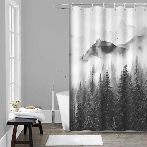 Grey Forest Shower Curtain with Hooks for Bathroom 60x72 Inch | Waterproof Nature Foggy Mountain Shower Curtain Set, Soft and Lightweight Bathroom Decor, Machine Washable - color: Grey, size: 60"W x 72"L (Pack of 1)