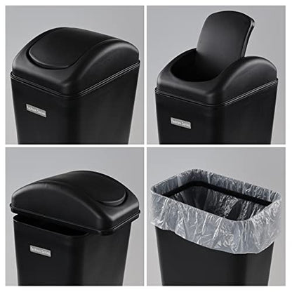 3.5 Gallons Black Plastic Swing Lid Trash Can, 2 Pack | Slim Garage Trash Can Swing Top