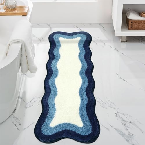 HAOCOO Bathroom Runner Rug 18x47 inch, Luxury Soft Non-Slip Long Bath Mat, Microfiber Machine Washable Blue Rug Runner Floor Mats for Bath Sink Tub Shower - color: Blue, size: 18x47 inch (Irregular)