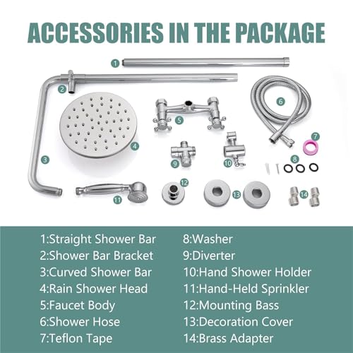 Heyalan Dual Shower System, 8 Inch Rain Head, Handheld, Polished Chrome | Dual shower system with 8 inch rain head, handheld sprayer, exposed pipe design, two-handle control, and brass body. - color: Polished Chrome