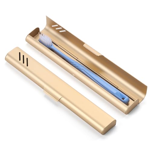 Travel Toothbrush Case, Portable Toothbrush Holder, Durable Aluminum Toothbrush Storage Box, Small Breathable Manual Toothbrush Container for Traveling, School, Camping, Business Trip - Gold - color: Gold