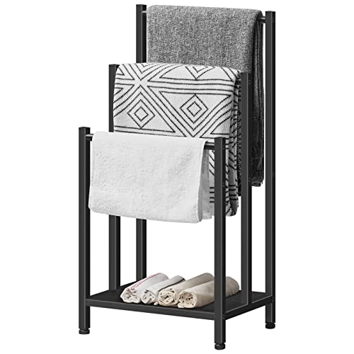 HOOBRO Free Standing Towel Rack, 3 Tier Blanket Rack, Blanket Holder for Bathroom, 16.9" L x 11" W x 31.9" H, Industrial Metal Drying and Display Rack with Shelf, Black BB03LB01 - color: Black + Black, size: 16.9"L x 11"W x 31.9"H