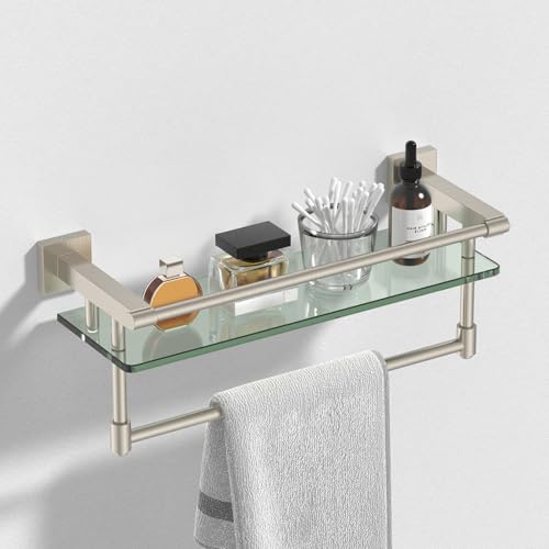 16-Inch Modern Glass Shelf with Towel Bar, 1-Shelf, Brushed Nickel Finish, Wall Mount, Bathroom Organizer - color: Brushed Nickel, size: 16-inch with Railing