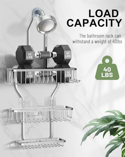 Shower Caddy Hanging - Never Rust Shower Hanging Organizer - Aluminum Over the ShowerHead Caddy with 6 Hooks for Razor/Sponge (Silver) - color: Silver