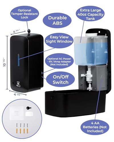 Automatic Soap Dispenser with Extra Large 40 oz. Capacity (Liquid/Gel) - Wall Mounted Hand Soap or Touchless Hand Sanitizer Unit for Commercial or Home Bathrooms - ADA Compliant (Black) - size: 1-Pack