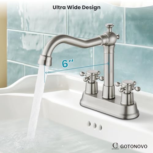 gotonovo 4 Inch Centerset Bathroom Faucet 2 Cross Handles Deck Mount 2 Hole Lavatory Vanity Utility Mixer Tap with Water Supply Hoses and Pop Up Drain RV Farmhouse, Brushed Nickel - color: Brushed Nickel