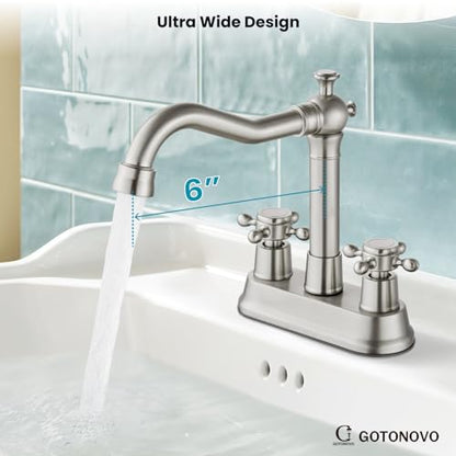 gotonovo 4 Inch Centerset Bathroom Faucet 2 Cross Handles Deck Mount 2 Hole Lavatory Vanity Utility Mixer Tap with Water Supply Hoses and Pop Up Drain RV Farmhouse, Brushed Nickel - color: Brushed Nickel