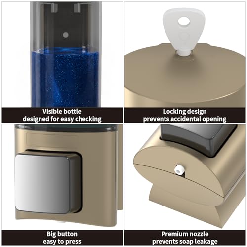 Manual Soap Dispenser Wall Mount, 6.76oz/200ml, No Drill, with Key, Gold | Shampoo Conditioner Body Wash Dispenser, Leak-Proof, Refillable, Home Kitchen Guest Bathroom Washroom Laundry Room Garage RV - color: Gold