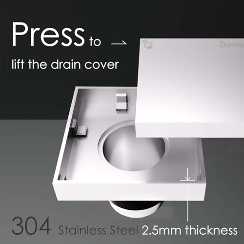 Sunrosa 4 Inch Square Shower Drain, Polished Chrome, 304 Stainless Steel | Reversible Tile-insert Cover, For Bathroom Renovatio, Press-to-lift Cover Design, One-piece Bent Design - color: Polished Chrome, size: 4"×4"