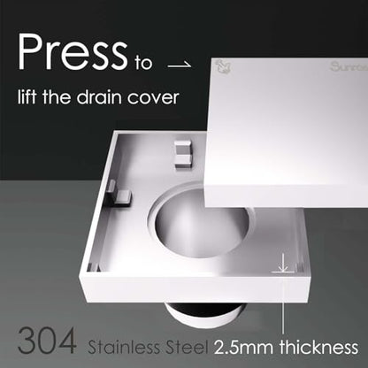 Sunrosa 4 Inch Square Shower Drain, Polished Chrome, 304 Stainless Steel | Reversible Tile-insert Cover, For Bathroom Renovatio, Press-to-lift Cover Design, One-piece Bent Design - color: Polished Chrome, size: 4"×4"