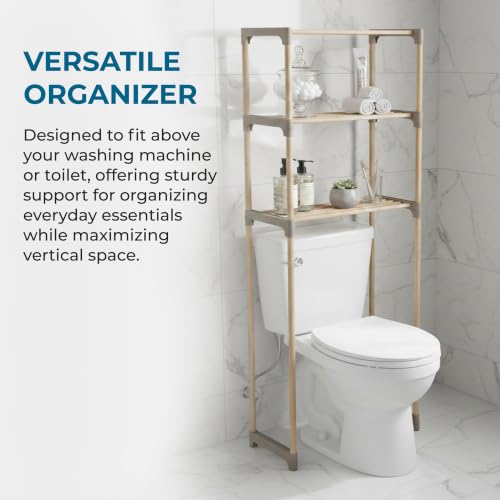 Honey-Can-Do 3-Tier Wood Over-the-Toilet Storage Shelf, Natural | Space-saving natural wood shelf fits over toilet/small appliances. 2 slatted shelves + hanging bar. Tool-free build.