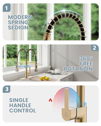 LED Kitchen Faucet with Soap Dispenser, Gold Kitchen Faucet, Faucet for Kitchen Sink, Single Handle Stainless Steel Camper Farmhouse RV Sink Faucets with Pull Down Sprayer - color: C-Brushed Gold, style: Contemporary