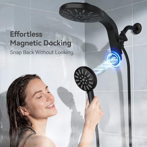 High Pressure Rain Shower Head Combo with Magnetic Handheld Black | Dual Shower System with Rainfall Showerhead and 8-Spray Handheld, Magnetic Dock, Adjustable Angle, Power Jet for Cleaning - color: Black
