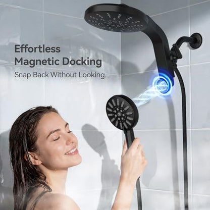 High Pressure Rain Shower Head Combo with Magnetic Handheld Black | Dual Shower System with Rainfall Showerhead and 8-Spray Handheld, Magnetic Dock, Adjustable Angle, Power Jet for Cleaning - color: Black
