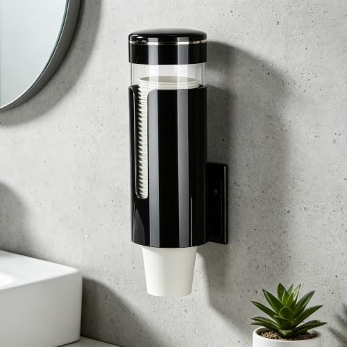 Cup Dispenser for 4oz–7oz Water Cooler & Mouthwash Cups | Bathroom Cup Dispenser,Wall Cup Holders for Most Occasions,Paste or Screw Install - color: black