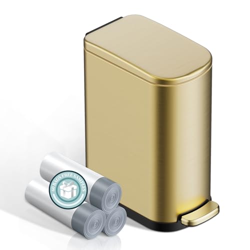 KSSKSS 2.6 Gallon/10L Slim Stainless Steel Bathroom Trash Can with Soft Close Lid, for Narrow Spaces,Bathroom, Bedroom (Titanium Gold) - color: Gold