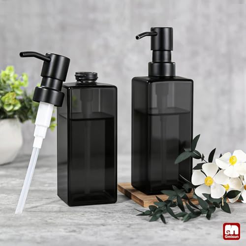 GMISUN Black Glass Soap Dispenser, Hand Soap Dispenser with Stainless Steel Pump for Bathroom, 12 fl oz/350ml Refillable Dish Dispensers for Kitchen, Modern Liquid Lotion Bottles for Countertop - color: Clear Black Bottle + Black Pump