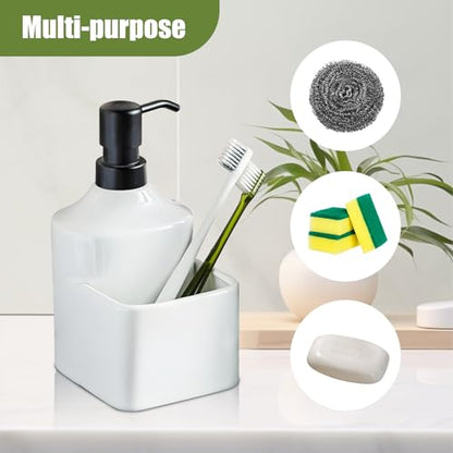 Gets Soap Dispenser White Ceramic Pump Bottle with Storage Holder | Countertop Liquid Hand Wash Bottle with Organizer Tray for Bathroom, Kitchen, Refillable Modern Dispenser for Vanity Sink - size: White With Sponge Holder