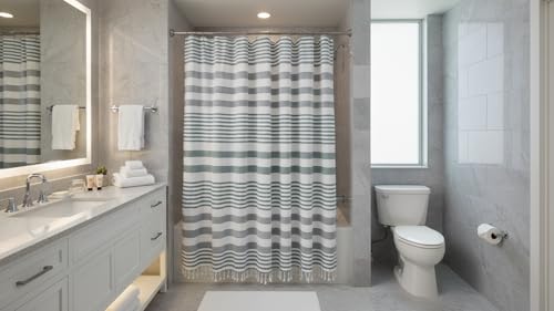 Teal Green and White Striped Cotton Fabric Shower Curtain with Fringe for Bathtub or Shower, Machine Washable Bath Curtain, 72 x 72 Inch, Margot Green - color: Margot Green Teal