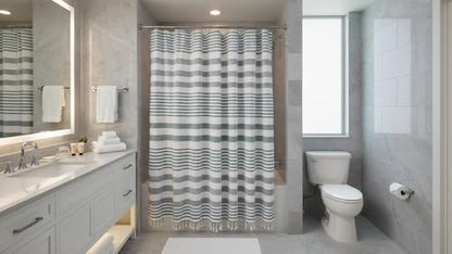 Teal Green and White Striped Cotton Fabric Shower Curtain with Fringe for Bathtub or Shower, Machine Washable Bath Curtain, 72 x 72 Inch, Margot Green - color: Margot Green Teal