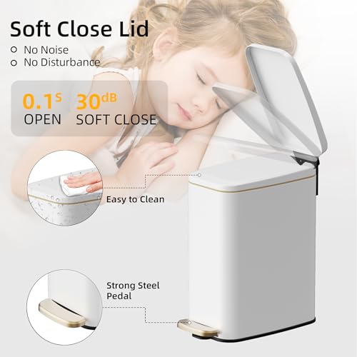 KSSKSS 1.6 Gallon/6L Small Bathroom Steel Step Trash Can, Soft-Close Lid & Fingerprint-Proof, Slim Wastebasket for Narrow Spaces (White) - color: White