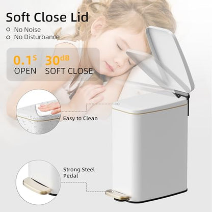 KSSKSS 1.6 Gallon/6L Small Bathroom Steel Step Trash Can, Soft-Close Lid & Fingerprint-Proof, Slim Wastebasket for Narrow Spaces (White) - color: White
