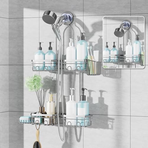 KEGII Hanging Shower Caddy for Handheld Showerheads, Silver | Rustproof Over Showerhead Organizer with Soap Dish, Toothbrush Holder and Hooks for Bathroom Shower Storage - style: Silver – 2-Tier Hanging Shower Caddy