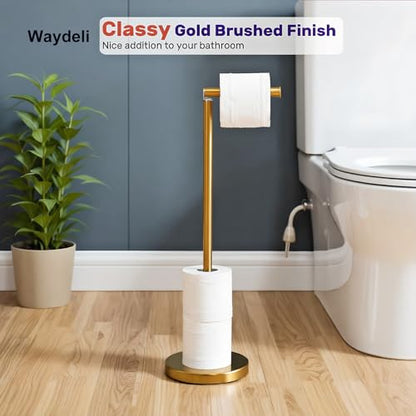 Toilet Paper Holder Gold, Freestanding Toilet Paper Holder Stand with Reserve for 4 Spare Rolls, Sturdy Base, Toilet Tissue Paper Roll Storage Shelf (Stainless Steel Base, Gold)