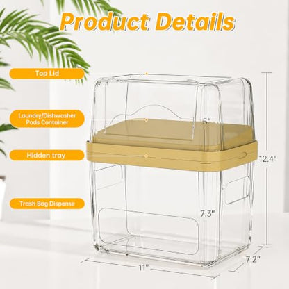 2-in-1 Trash Bag Dispenser & Laundry/Dishwasher Pods Container, Clear Acrylic Garbage Bag Holder with Removable Lids, Under Sink Organizer Kitchen Pantry Storage Box - size: 3IN1 Yellow Holder