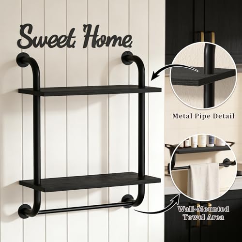 3 Tier Wall Shelves Over Toilet Rustic Industrial Floating Shelf - color: Black, size: 2 tier