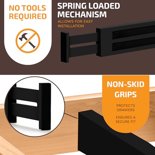 6-Pack Drawer Dividers 2.6-Inch High Dresser Organizer 16 to 22 Inch, Black | Bamboo, Spring Loaded, No Tools Needed, Fits Wide Drawers for Socks, Clothes, Utensils, Bedroom, Bathroom, Kitchen, Office - color: Black