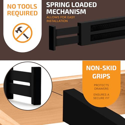 6-Pack Drawer Dividers 2.6-Inch High Dresser Organizer 16 to 22 Inch, Black | Bamboo, Spring Loaded, No Tools Needed, Fits Wide Drawers for Socks, Clothes, Utensils, Bedroom, Bathroom, Kitchen, Office - color: Black