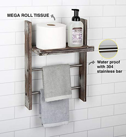 J JACKCUBE DESIGN Rustic Wood Wall Mount Towel Rack with Shelf, Blanket Ladder for Bathroom, Kitchen Hand Towels Holder, Stainless Towel Bar Hanger Farmhouse Decor - MK576A