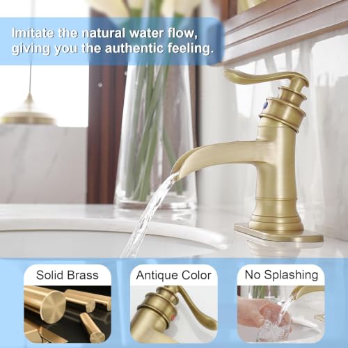BWE Antique Brass Waterfall Bathroom Faucet, Single Hole Vanity Faucet with Pop Up Drain and Supply Hose for Rustic Home, Powder Room and Guest Bathroom, Solid Brass Construction - color: Antique Brass