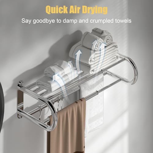 Adjustable Bathroom Towel Rack with Shelf, Towel Bar, Chrome | 15-25 Inch Lavatory Double Towel Bar, Hotel Style Rod with 4 Hooks, Multifunction Towel Holder Wall Mount, Stainless Steel - color: Chrome